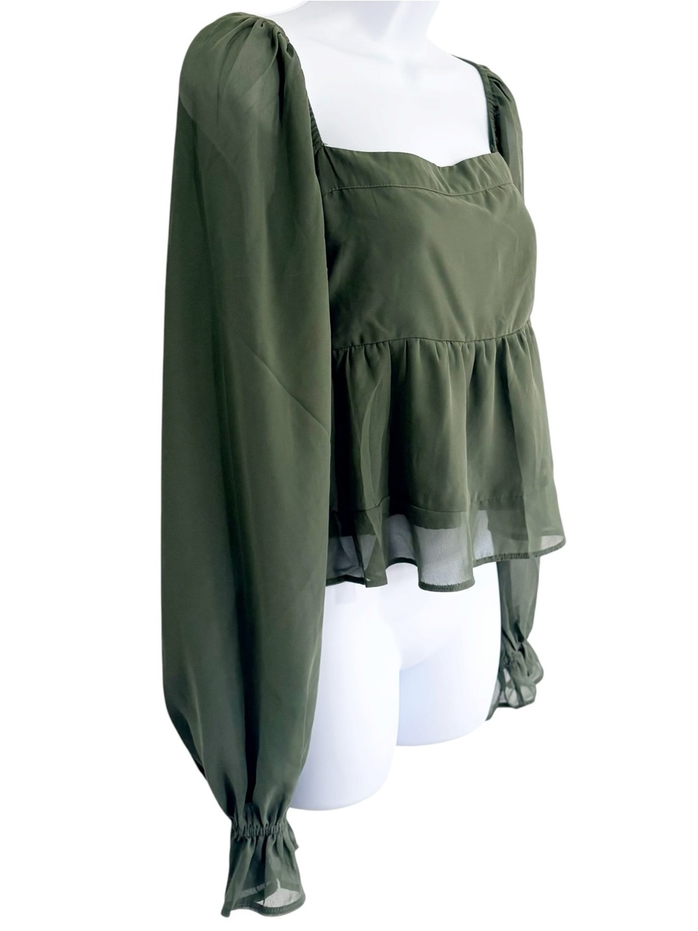 ABERCROMBIE & FITCH Olive Green Smocked Babydoll Blouse Large Square Neck Top - Picture 2 of 8